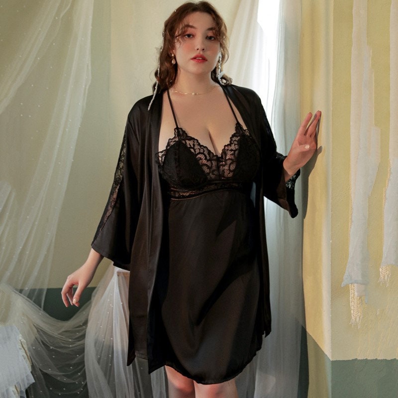 Luxurious Lace Satin Bridal Lingerie Set with Nightgown & Robe - 7 Colors Next Day Shipping SelenaHuanStudio