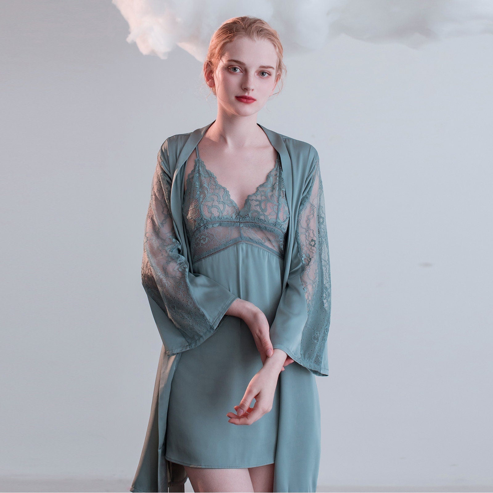 Luxurious Lace Satin Bridal Lingerie Set with Nightgown & Robe - 7 Colors Next Day Shipping SelenaHuanStudio