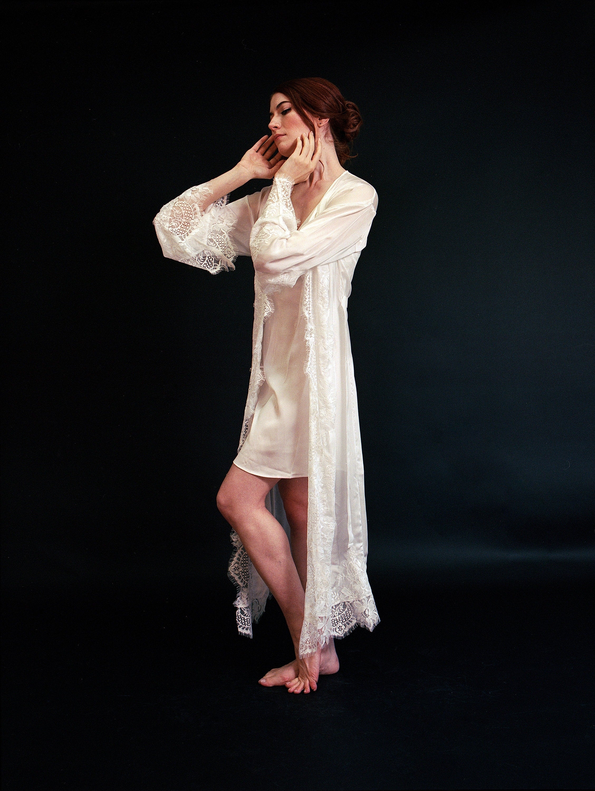 Silky Chiffon Trimmed Lace Long Lingerie Robe with Nightgown SelenaHuanStudio