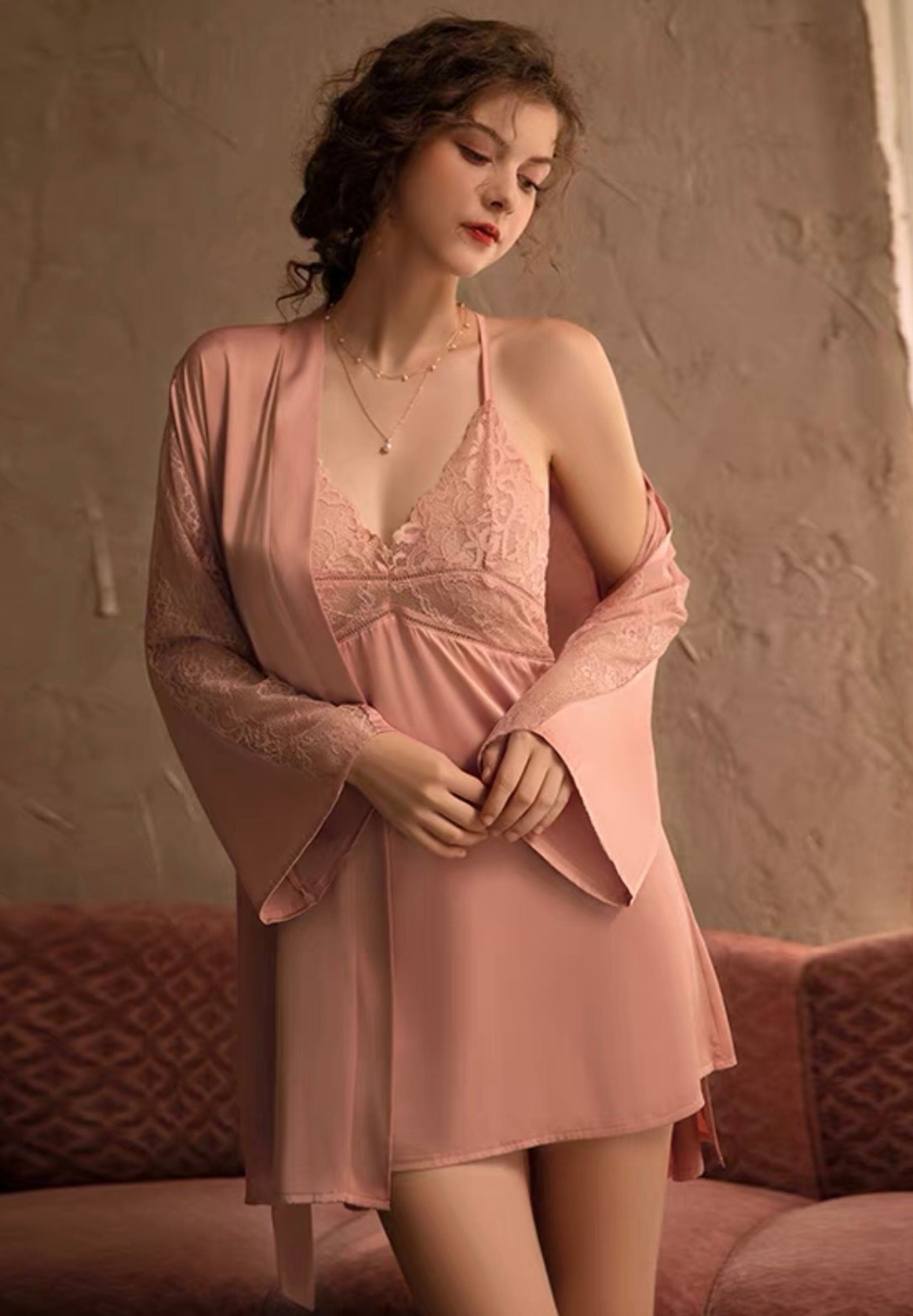 Luxurious Lace Satin Bridal Lingerie Set with Nightgown & Robe - 7 Colors Next Day Shipping SelenaHuanStudio