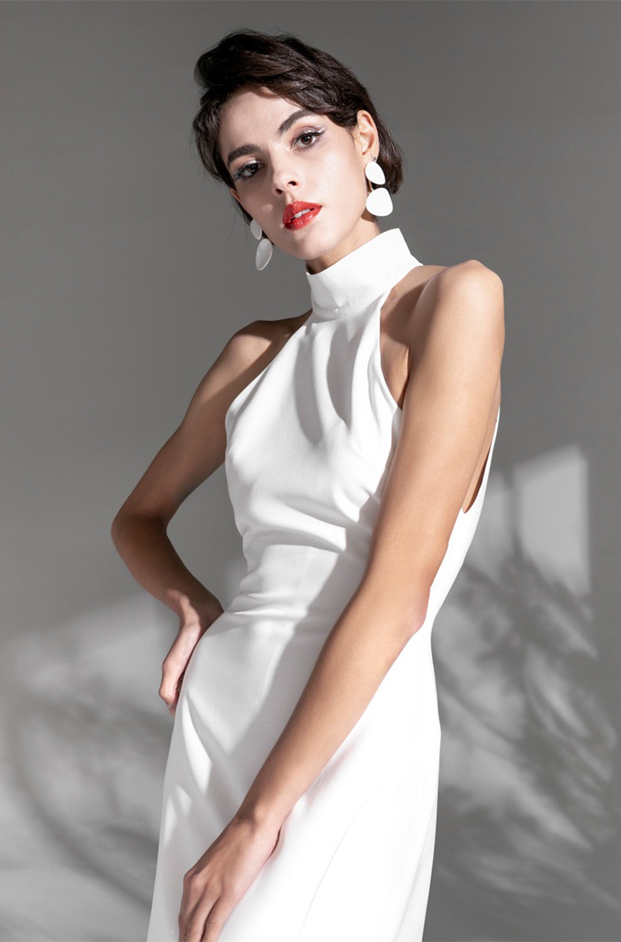 Elegant Haltered Hallowed Back Satin wedding dress thigh Split mini wedding dress SelenaHuanStudio