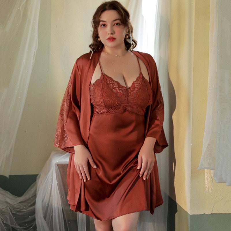 Luxurious Lace Satin Bridal Lingerie Set with Nightgown & Robe - 7 Colors Next Day Shipping SelenaHuanStudio