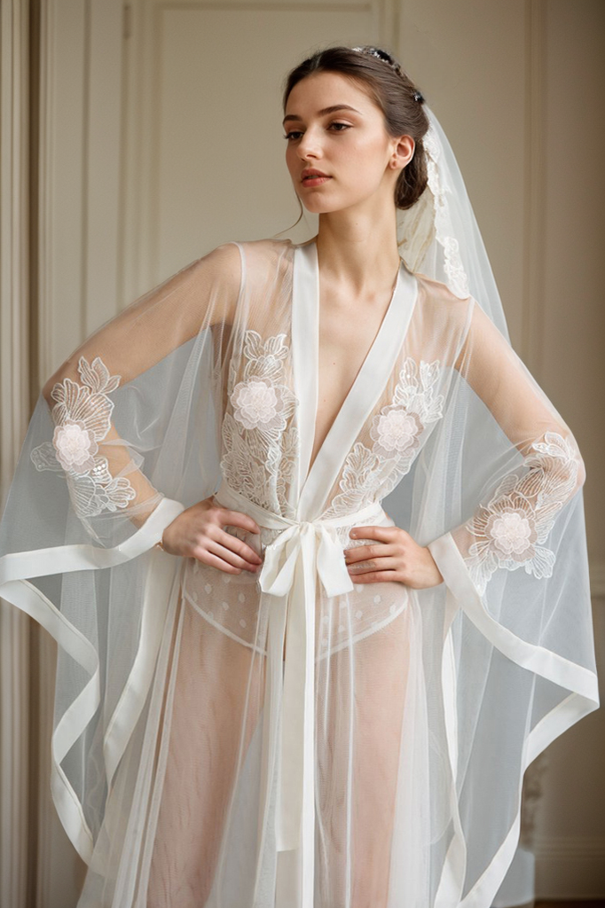 Elegant Sheer Lace Bridal Robe with Floral Embroidery and Satin Tie SelenaHuanStudio