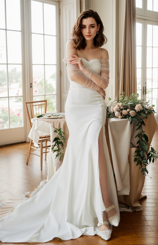 Elegant off-the-shoulder tulle long sleeves stretchy fit and flare Satin wedding dress SelenaHuanStudio