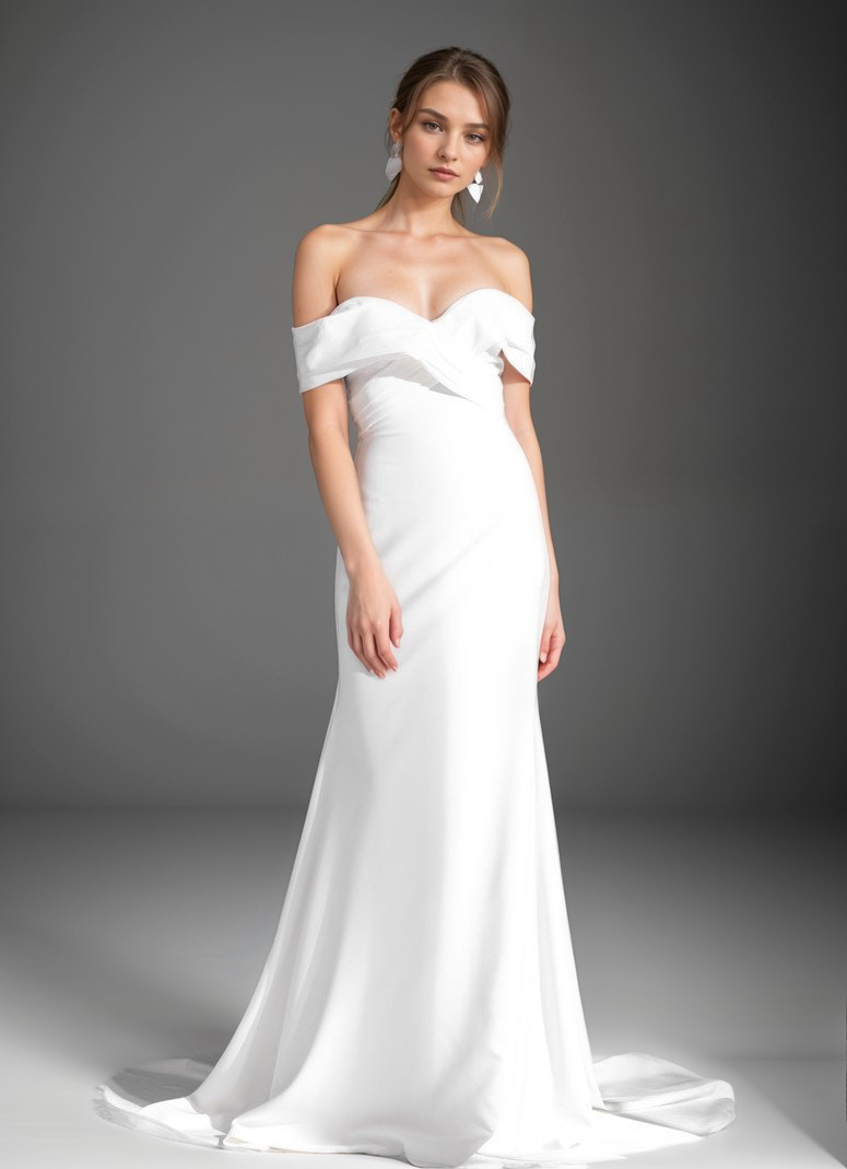 Elegant off-the-shoulder fit and flare Stretchy Satin wedding dress SelenaHuanStudio