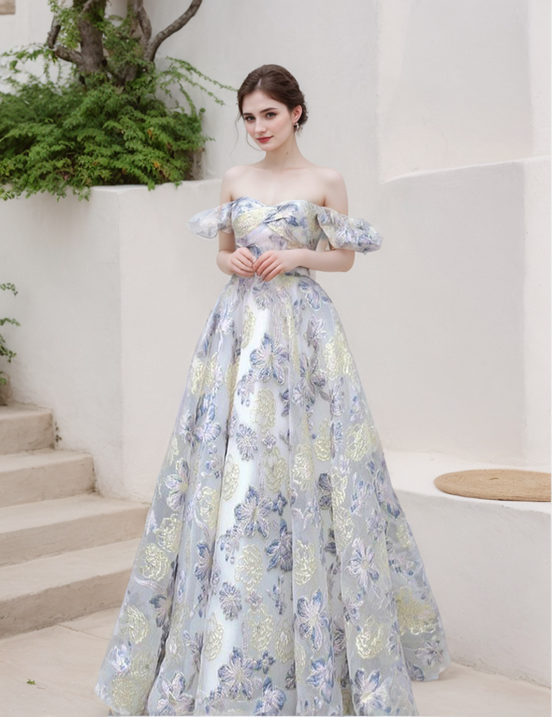 Elora - embroidery golden blue floral pattern off-the-shoulder Princess Prom Dress SelenaHuanStudio