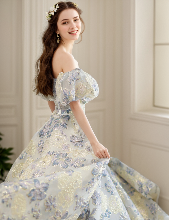 Elora - embroidery golden blue floral pattern off-the-shoulder Princess Prom Dress SelenaHuanStudio