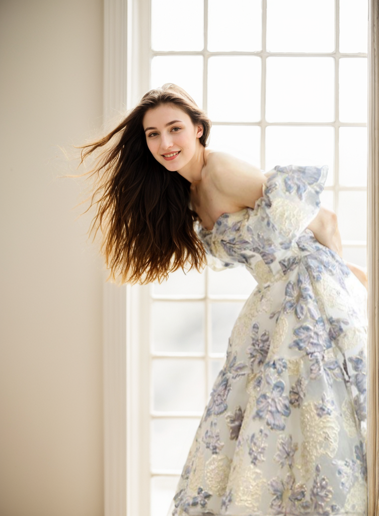 Elora - embroidery golden blue floral pattern off-the-shoulder Princess Prom Dress SelenaHuanStudio