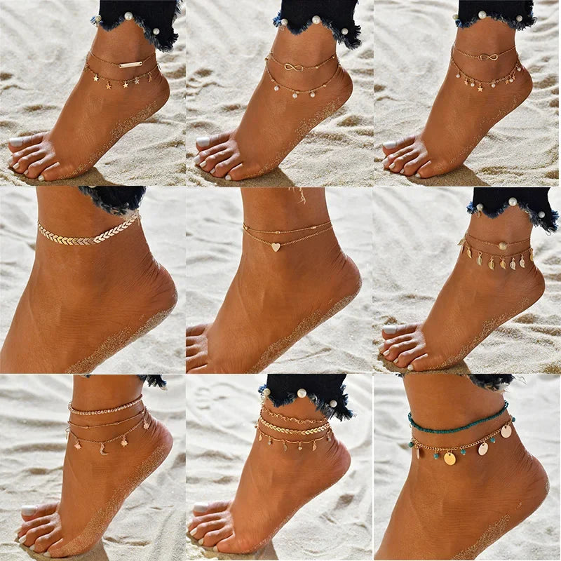 Boho Double Layer Anklets For Women Pearl Streaming Pendant Foot Chains 8 Shape Beach Bracelet Anklets Solar System Bracelet Luxlife Brands