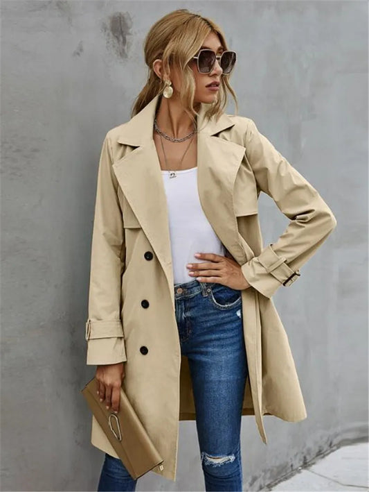 Fashion Women Trench Casual Solid Color Coat Adult Elagant Fashion Long Sleeve Lapel Neck Double Breasted Belted Coat For Female LUXLIFE BRANDS