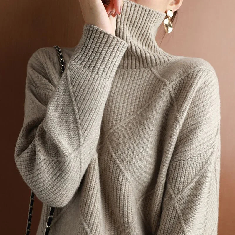 Cashmere sweater women turtleneck sweater pure color knitted turtleneck pullover 100% pure wool loose large size sweater women LUXLIFE BRANDS