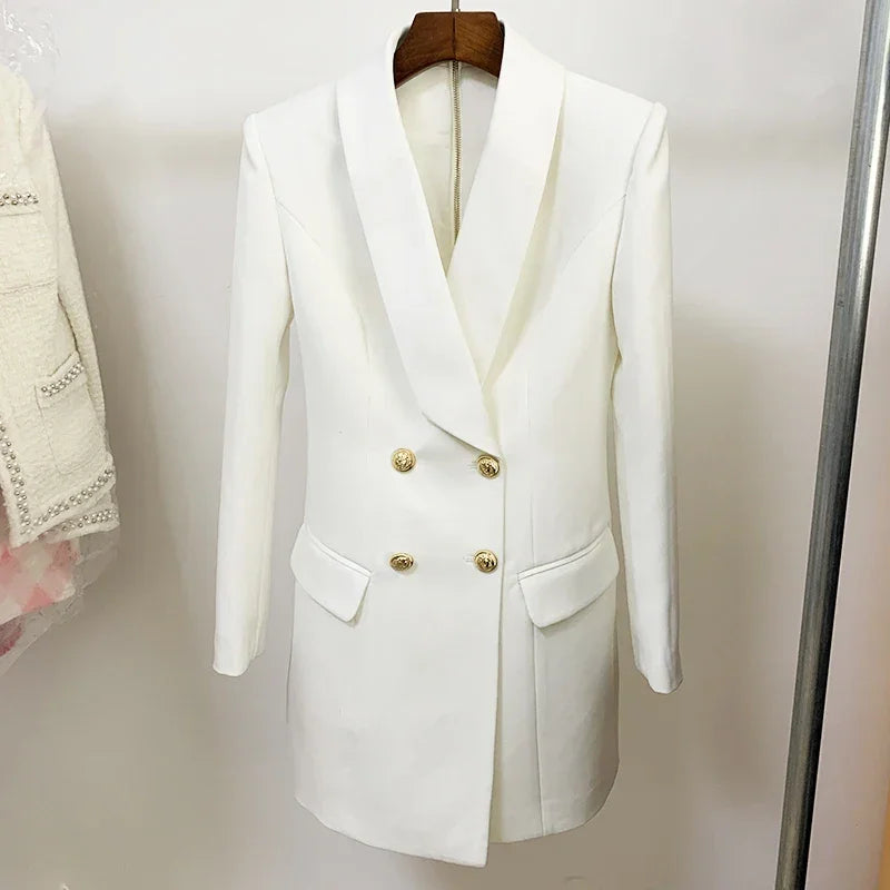 Designer Satin Notched Collar Blazer Dress With Metal Buttons Luxlife Brands
