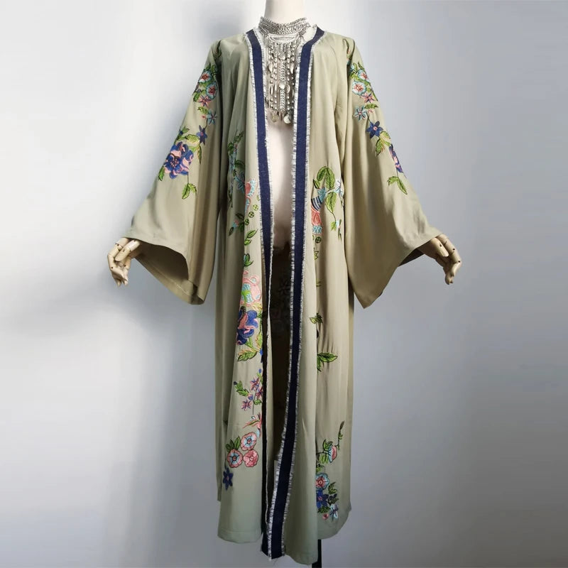 Long Boho Floral Embroidery Beach Kimono LUXLIFE BRANDS