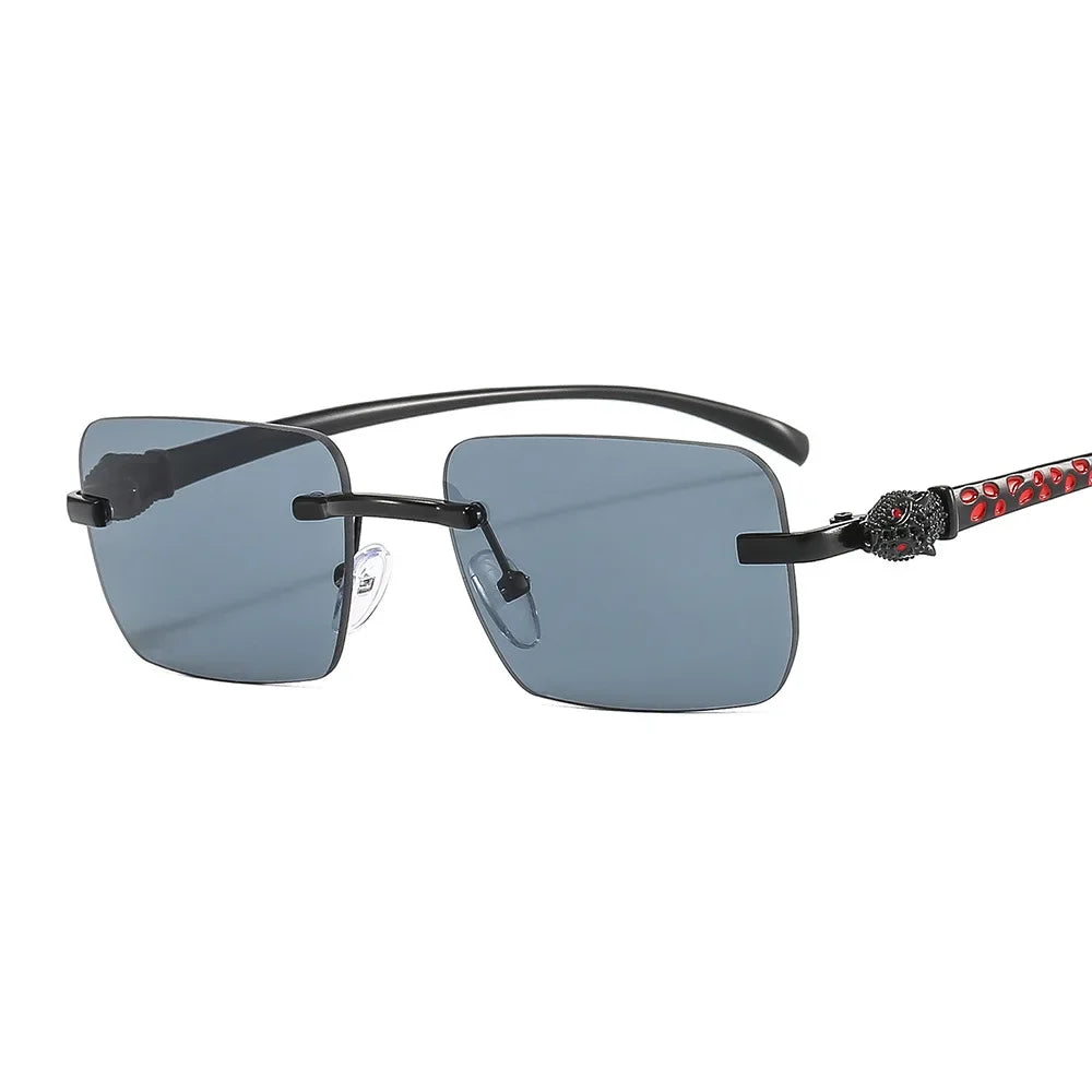 Vintage Fashion Rimless Small Square Sunglasses Women Men Luxury Brand Designer Travel Driving Metal Leopard Head Sun Glasses Luxlife Brands
