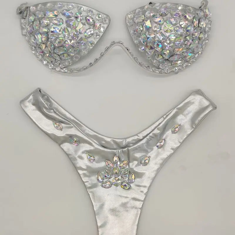 Luxury Rhinestone Performance Bikini Set – Shimmering Crystal Push-Up Stage Costume & Bling Two-Piece for GoGo Dancers, Festivals & Raves