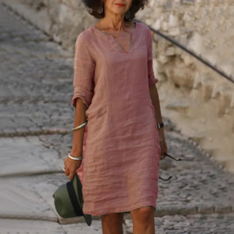 Vintage Women Solid Mini Dress Summer Fashion V-neck Three Quater Sleeve Cotton Linen Dress Ladies Casual Holiday Vestidos LUXLIFE BRANDS
