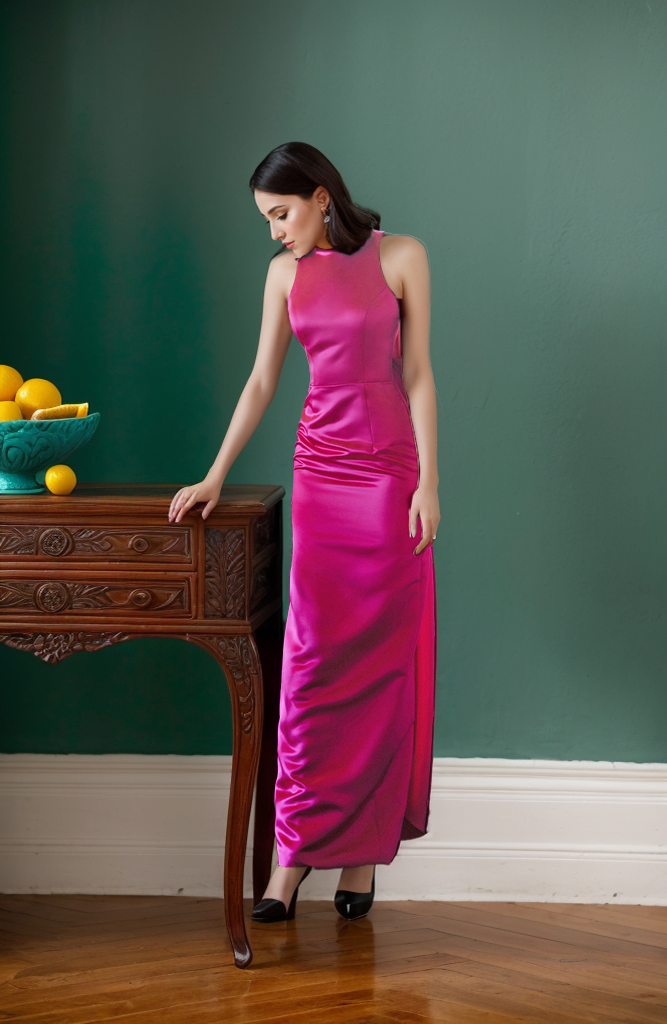 Haltered bow design back sheath silky satin prom dress with bow-tie multiple colors SelenaHuanStudio