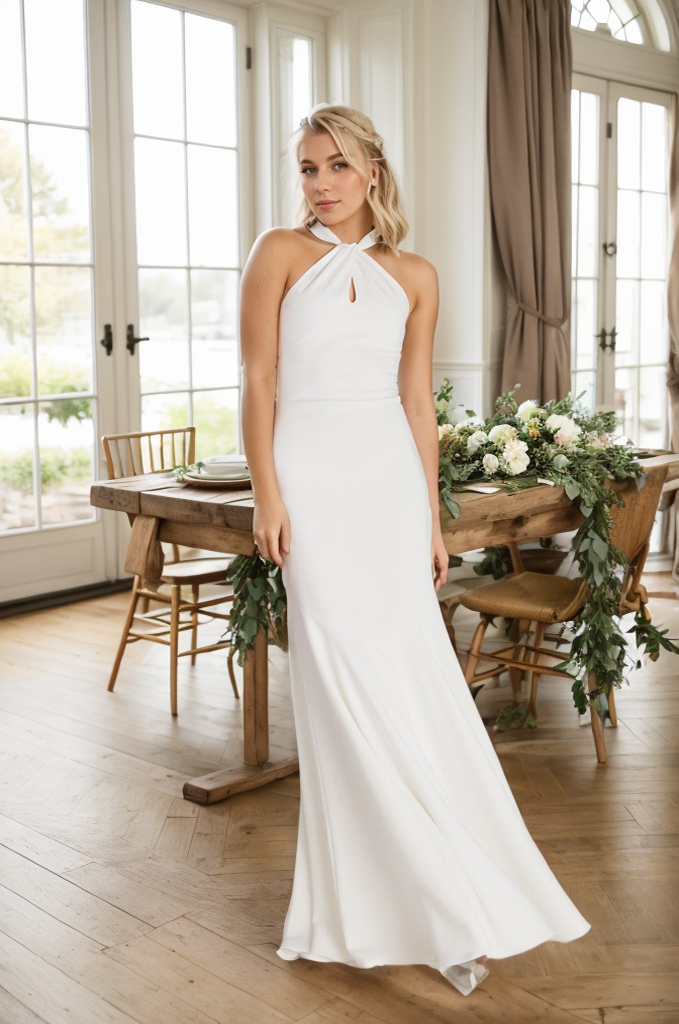 Haltered trumpet style Greece Goddess dress minimalist modern Satin wedding dress little white dress SelenaHuanStudio