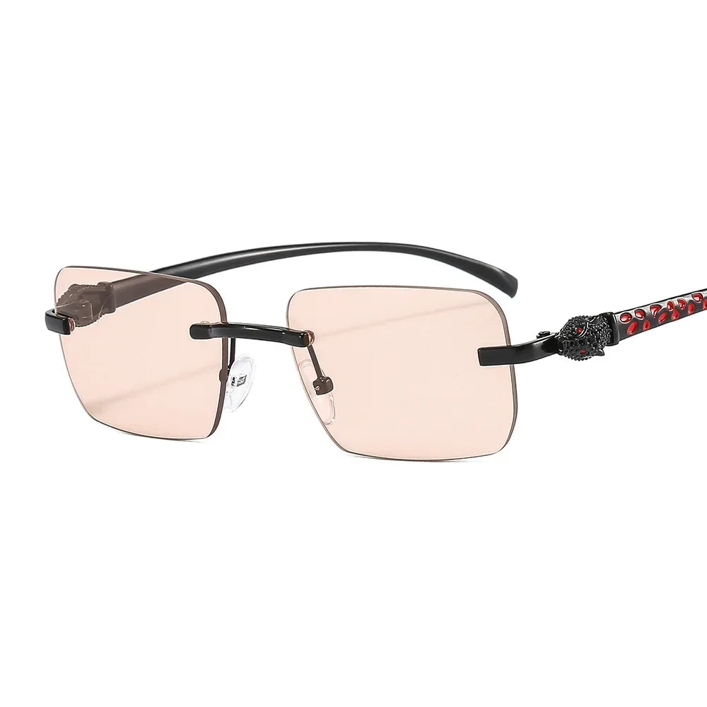 Vintage Fashion Rimless Small Square Sunglasses Women Men Luxury Brand Designer Travel Driving Metal Leopard Head Sun Glasses Luxlife Brands