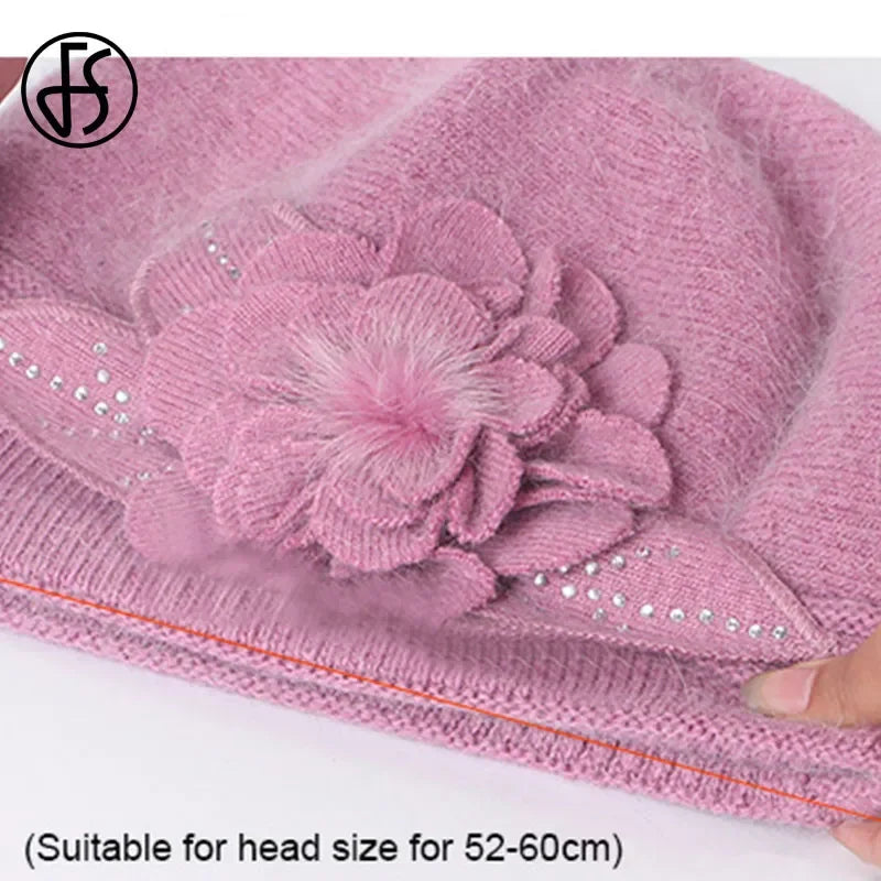 FS Women Berets Knitted Wool Hats Winter Flowers Warm Female Cap Girls Beanies Rabbit Fur Hat Gorros Bonnet Femme Hiver 2020 LUXLIFE BRANDS
