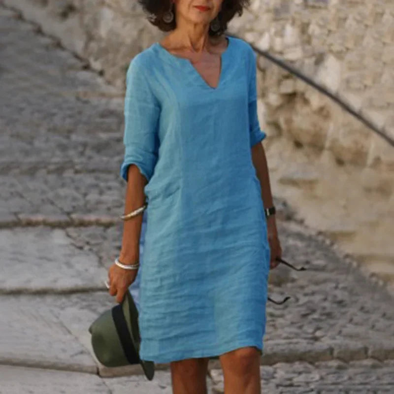 Vintage Women Solid Mini Dress Summer Fashion V-neck Three Quater Sleeve Cotton Linen Dress Ladies Casual Holiday Vestidos LUXLIFE BRANDS