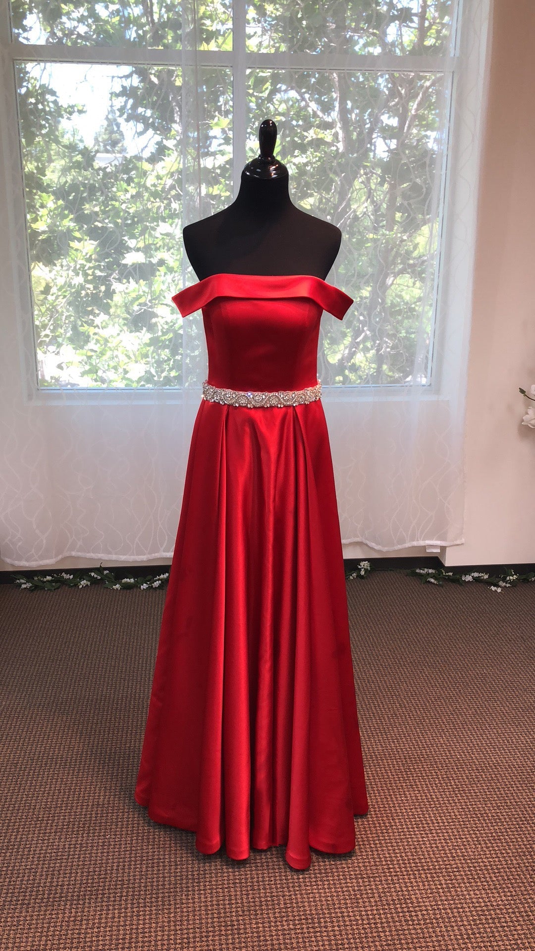 Off-shoulder Ruby Red A-line Japanese Soft Satin Prom Dress with Crystal Beaded Sash SelenaHuanStudio