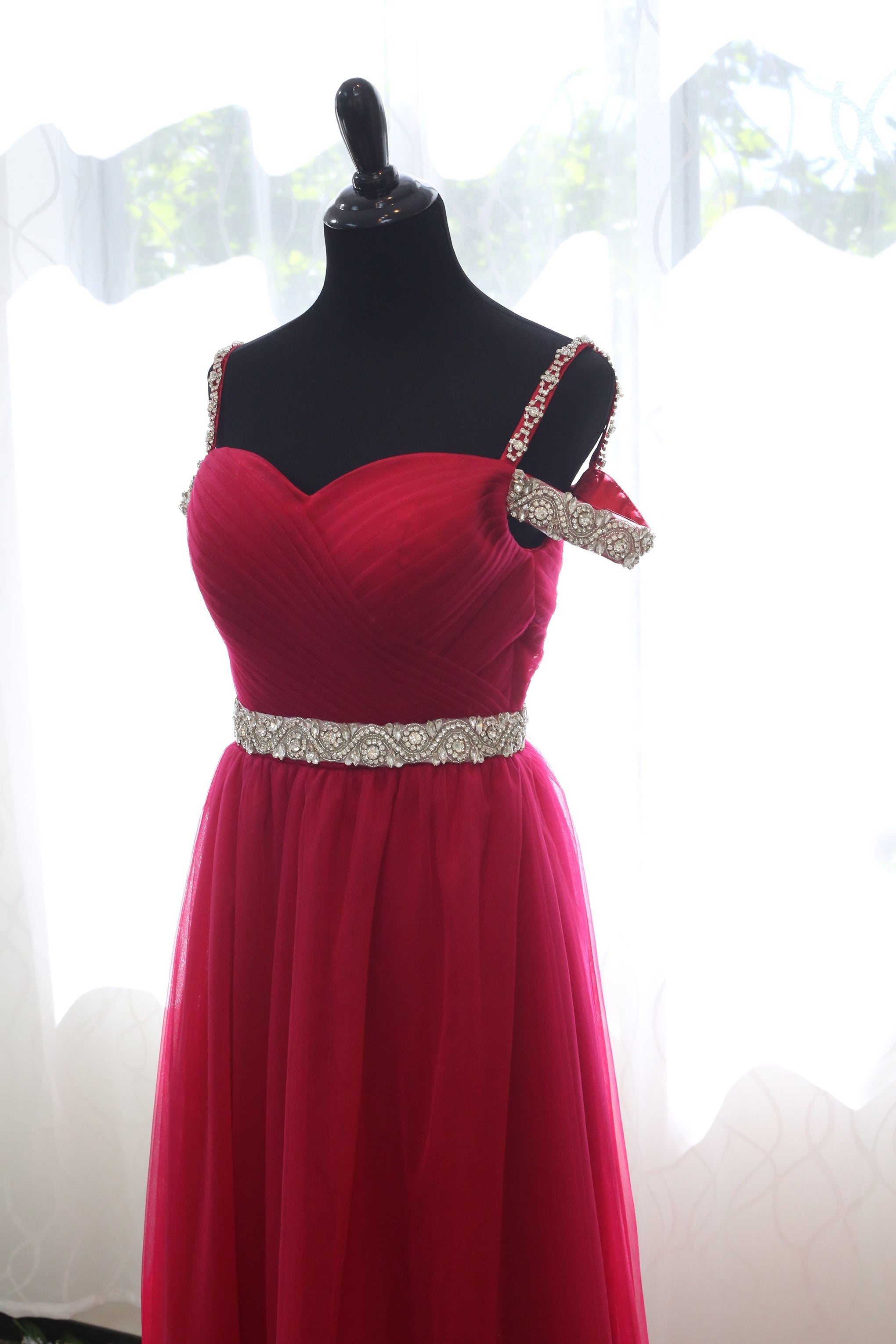 Crystal Beaded Off-shoulder Ruby Red Japanese A-line Soft Tulle Prom Dress SelenaHuanStudio