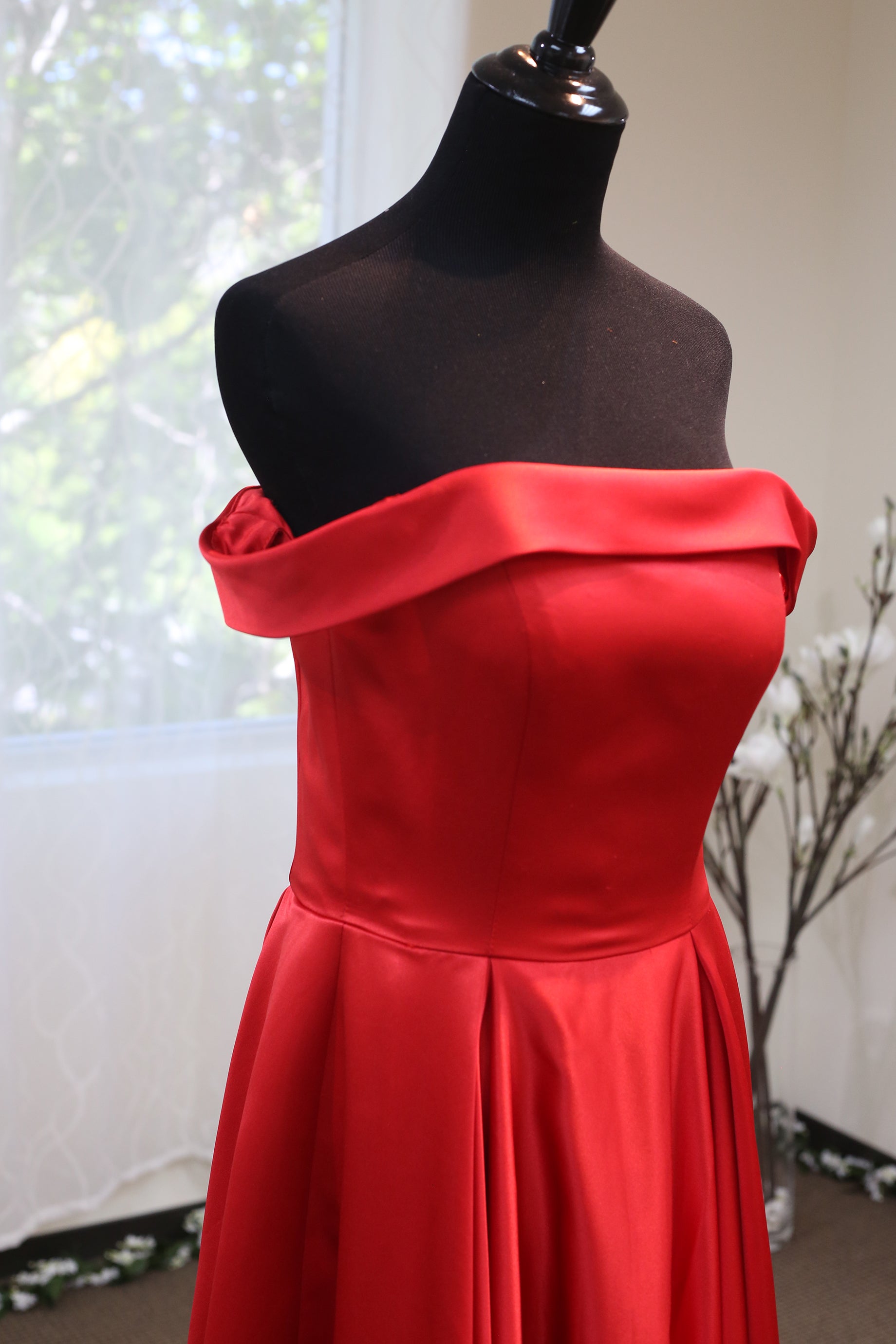 Off-shoulder Ruby Red A-line Japanese Soft Satin Prom Dress with Crystal Beaded Sash SelenaHuanStudio