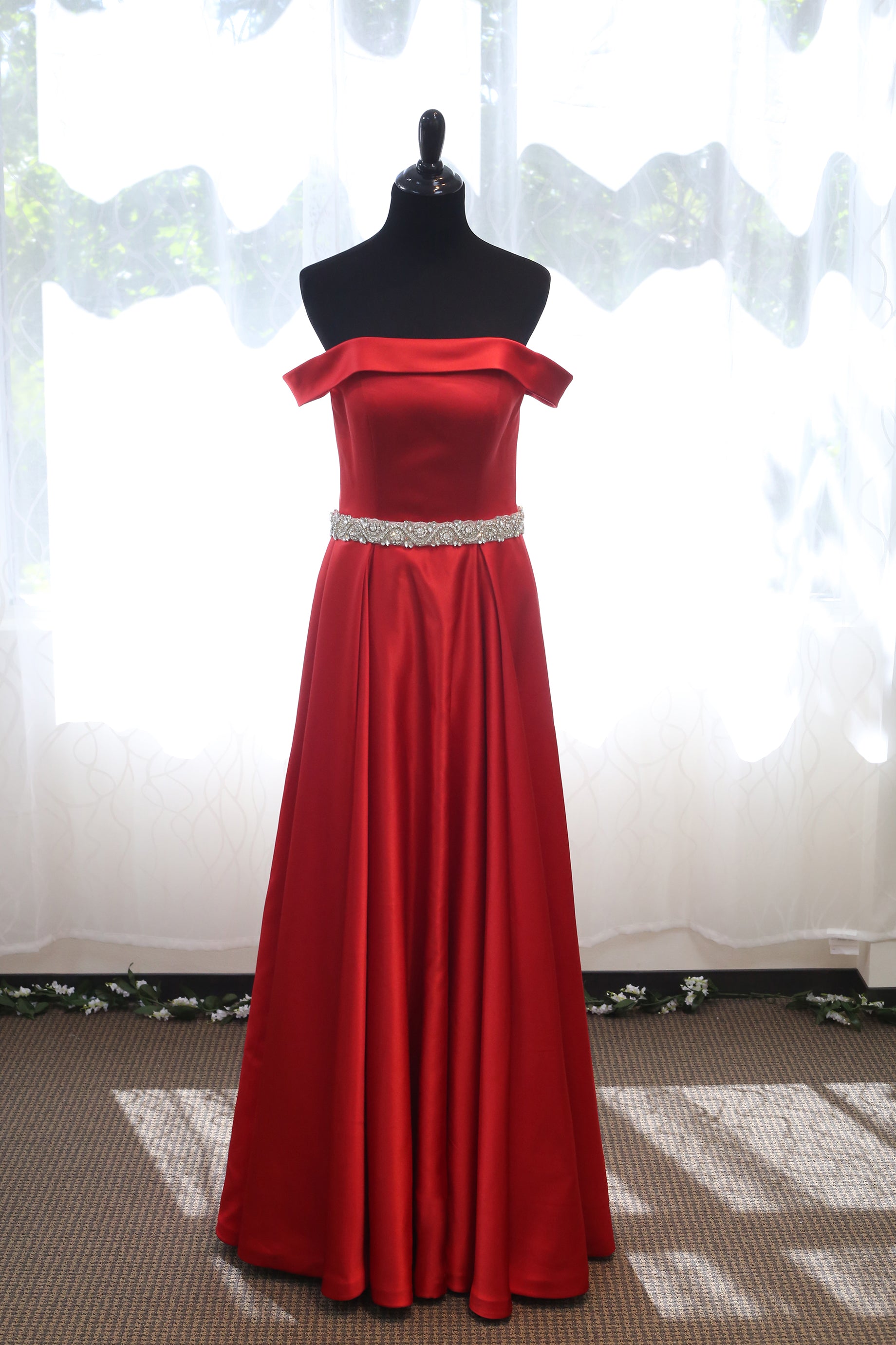 Off-shoulder Ruby Red A-line Japanese Soft Satin Prom Dress with Crystal Beaded Sash SelenaHuanStudio