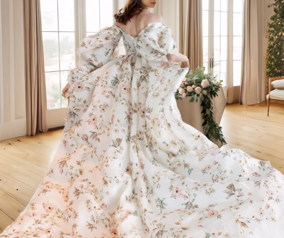 Avera - Sexy floral printed butterfly pattern front-slit bishop sleeves off-the-shoulder Satin Wedding Dress Gown SelenaHuanStudio