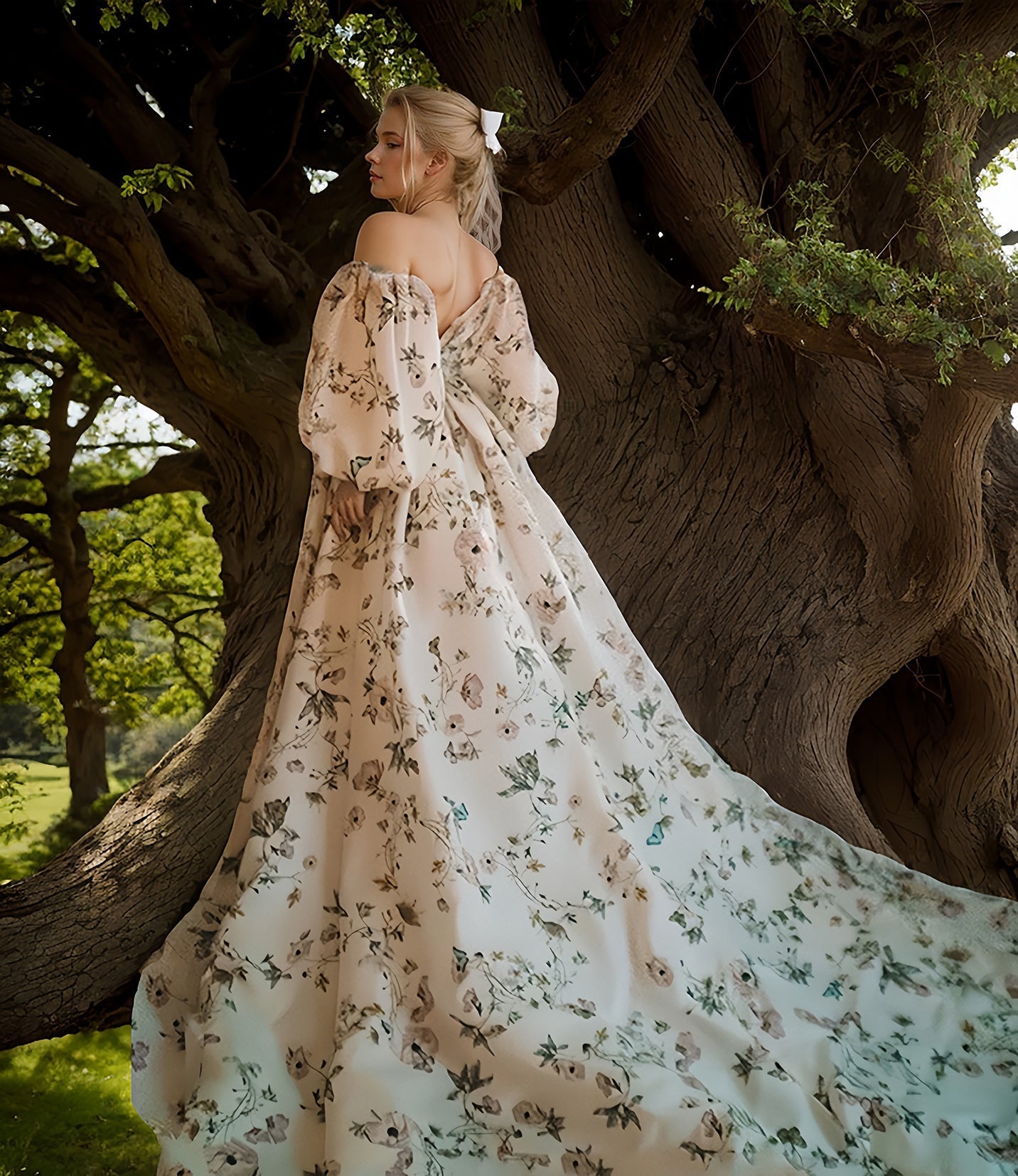 Avera - Sexy floral printed butterfly pattern front-slit bishop sleeves off-the-shoulder Satin Wedding Dress Gown SelenaHuanStudio