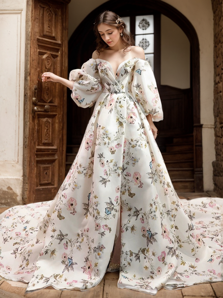 Avera - Sexy floral printed butterfly pattern front-slit bishop sleeves off-the-shoulder Satin Wedding Dress Gown SelenaHuanStudio