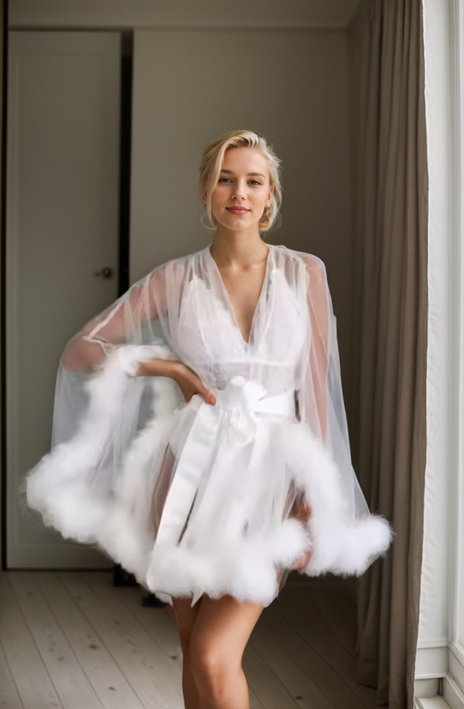 Luxurious Sheer Bridal Robe with Feathered Hem and Satin Tie SelenaHuanStudio
