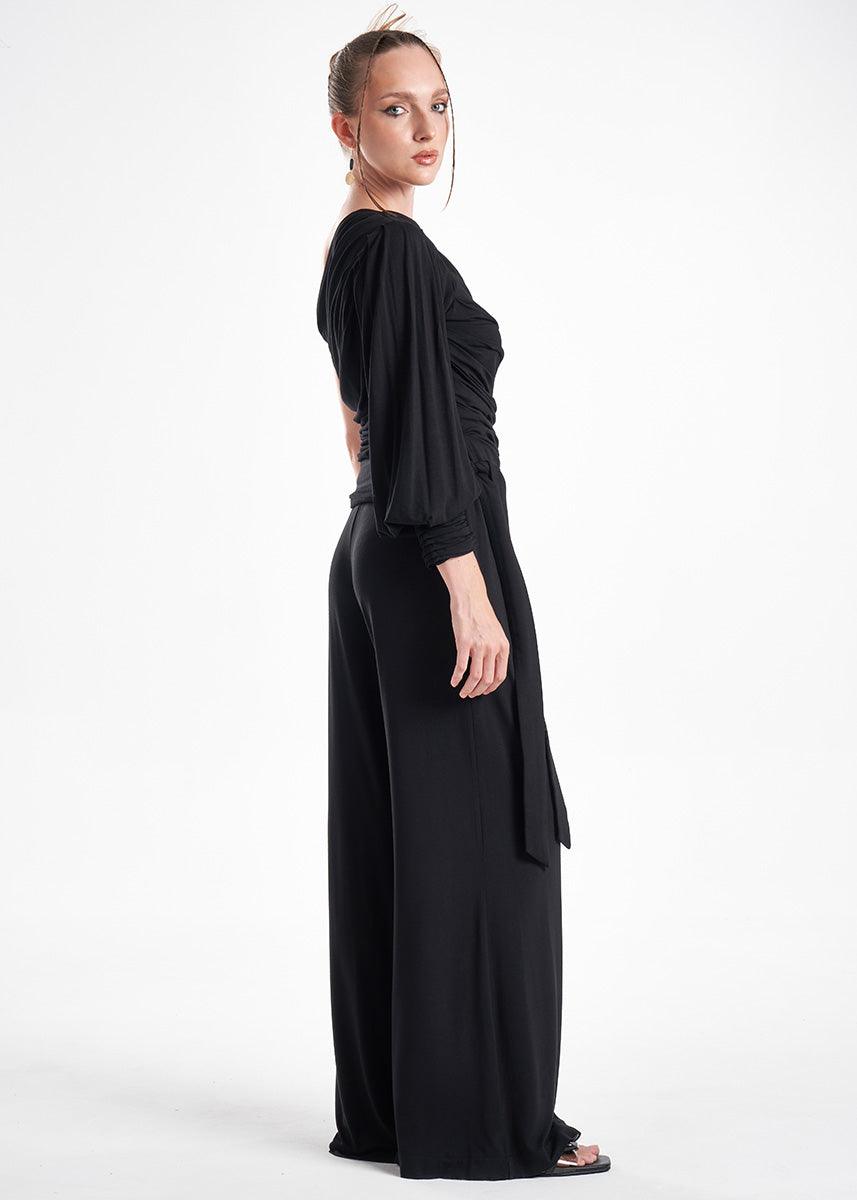 Black Knit 2-Piece Set With An Asymmetrical One-Sleeve Blouse And Palazzo Pants ETNA