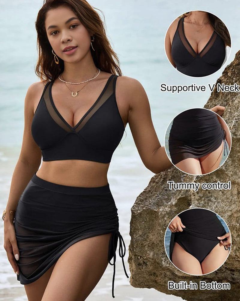 Mesh High Waisted Tummy Control Sarong Wraps Bikini Set SheCurve