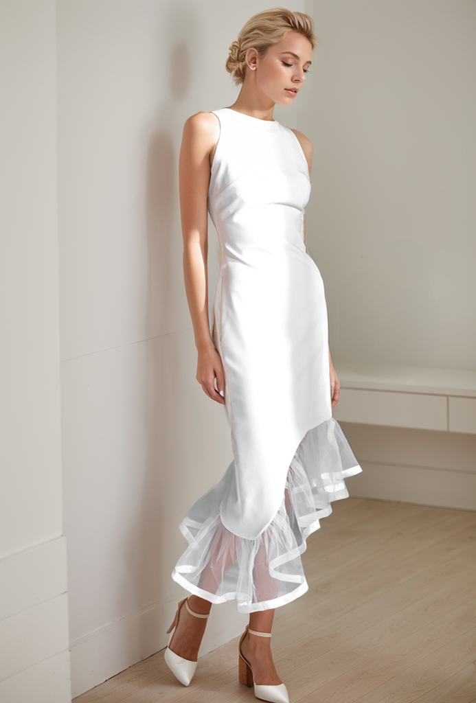 Modern Scoop Neck asymmetrical skirt hem Satin wedding dress little white dress SelenaHuanStudio