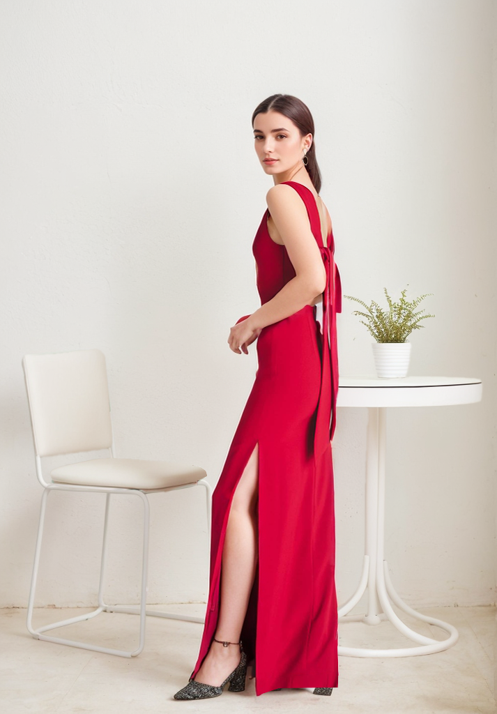Modern bateau neckline hallowed back pencil skirt Stretchable satin prom dress SelenaHuanStudio