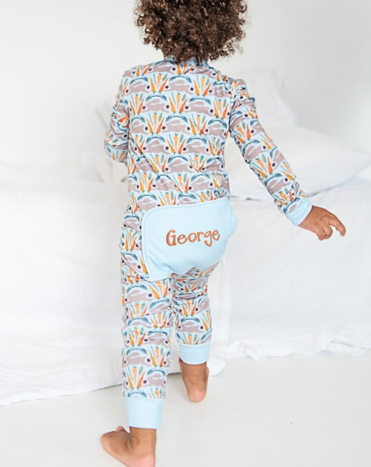 Spring Bunnies Blue Pima Cotton Zip Up Pajamas-FINAL SALE Smockingbird