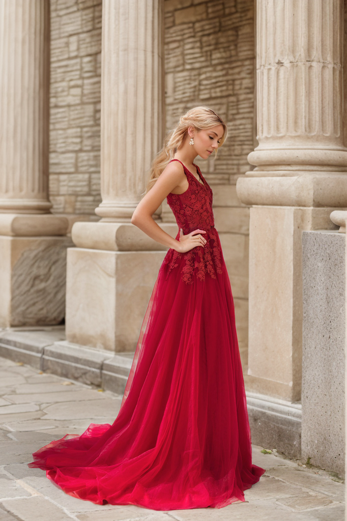 Mysteria - Ruby red deep V-neck lace soft tulle prom dress colored wedding dress SelenaHuanStudio