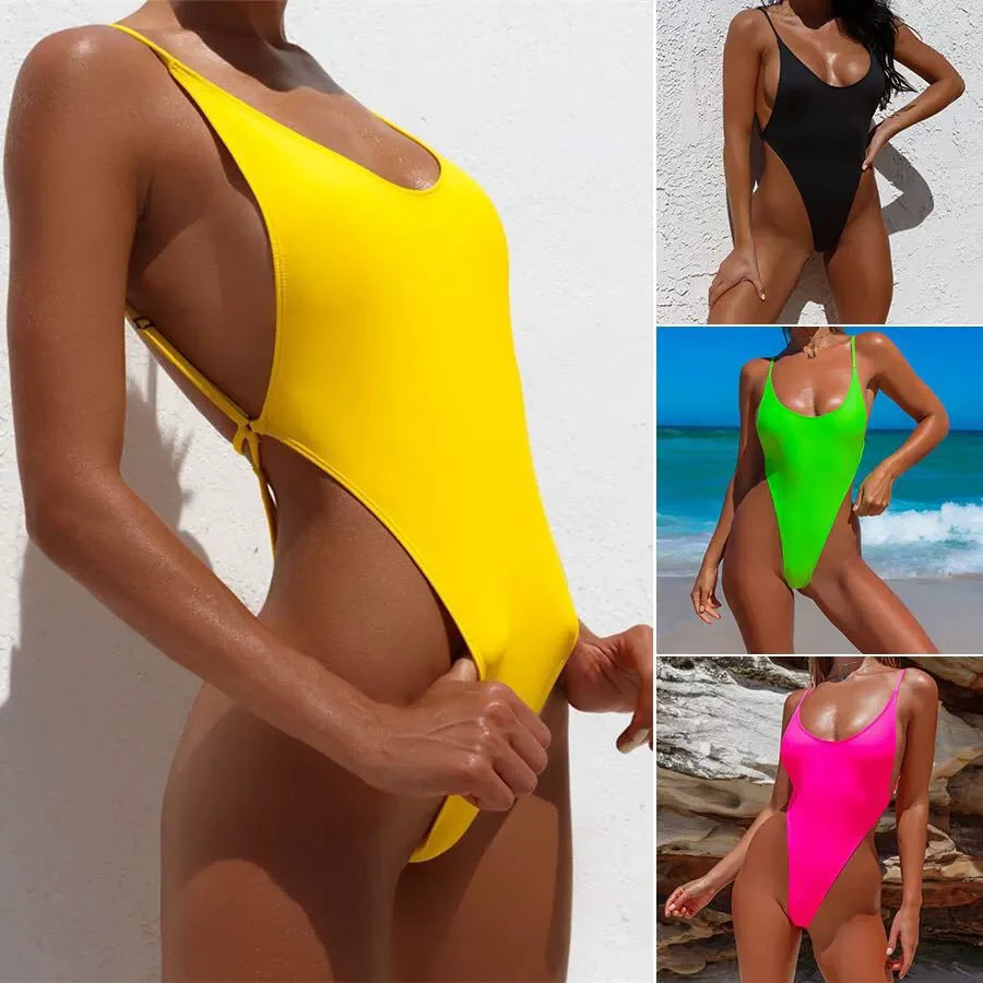 New AliExpress Fashion New Arrival Pure Color Women's One-Piece Swimming Suit Candy Color Halter Bikini Bikini Luxlife Brands
