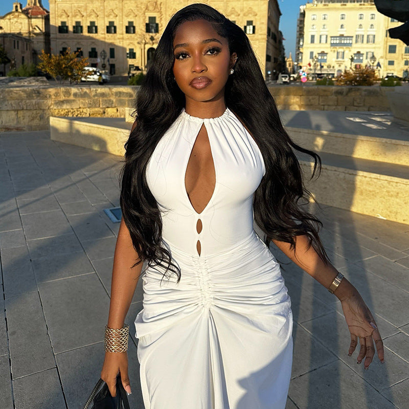 Women Clothing Pleated Sexy Cutout Hip Slim Fit Turtleneck Sleeveless Solid Color Length Dress Bella Mia