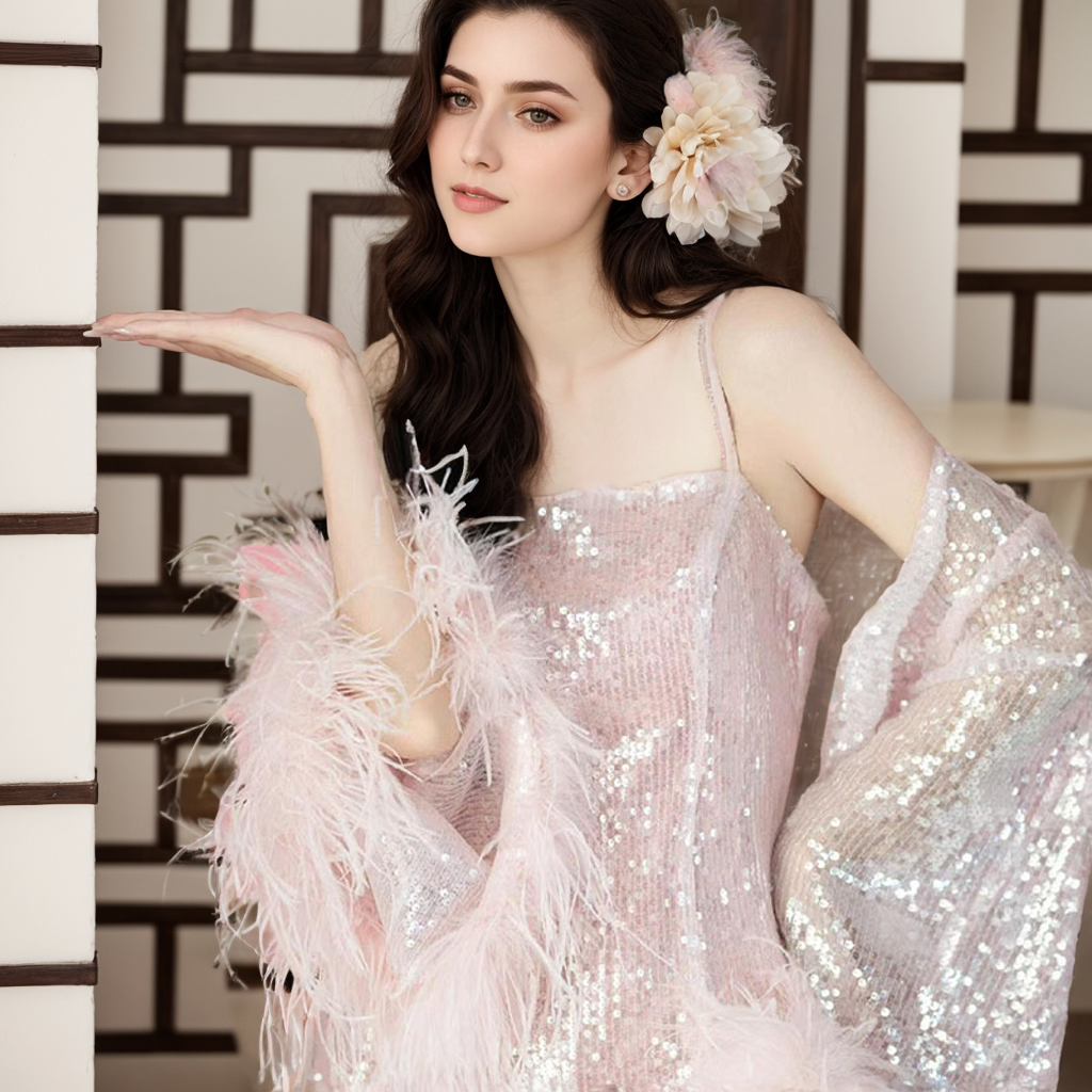 Blush Pink Sequin and Ostrich Feather Long Robe Set – Glamorous Elegance SelenaHuanStudio