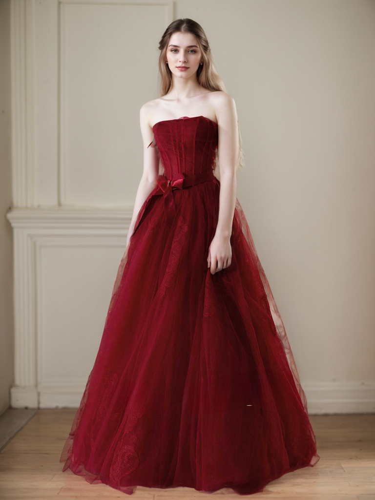 Elegant Strapless Burgundy Tulle Ball Gown with Corset Back and Ribbon Tie SelenaHuanStudio