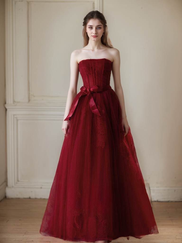Elegant Strapless Burgundy Tulle Ball Gown with Corset Back and Ribbon Tie SelenaHuanStudio