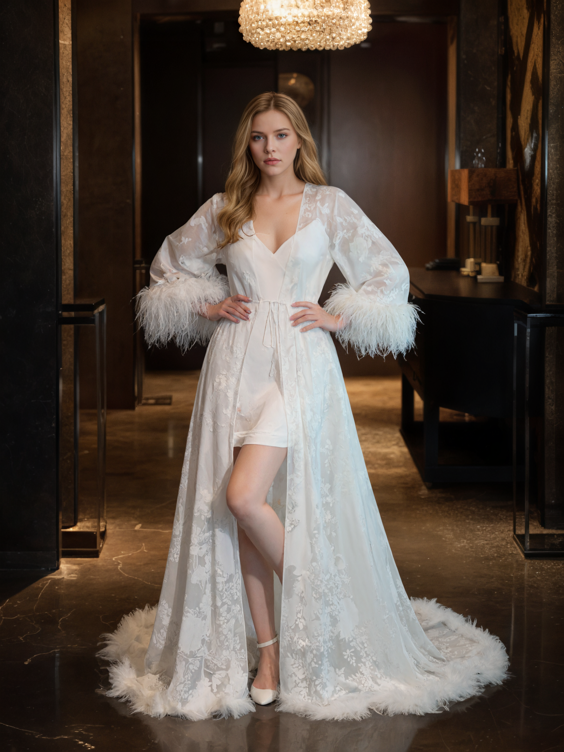 Luxury White Feather Trim Lace Long Robe Dress Set | Bridal Getting Ready & Photoshoot Gown SelenaHuanStudio