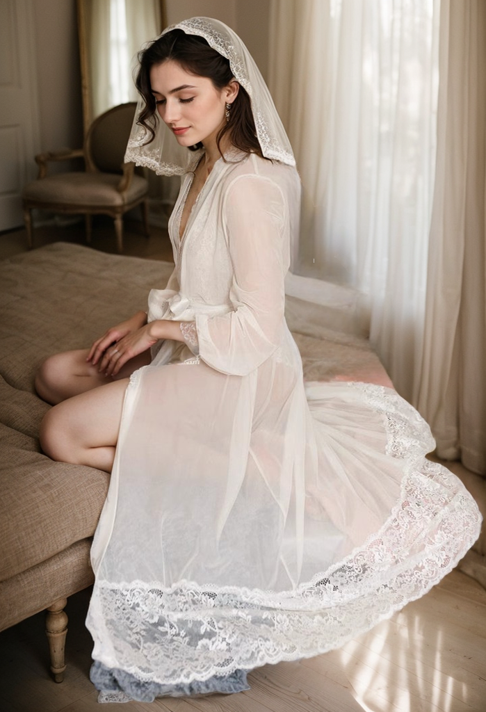 Elegant Sheer Mesh White Lace Long Bridal Robe Set SelenaHuanStudio