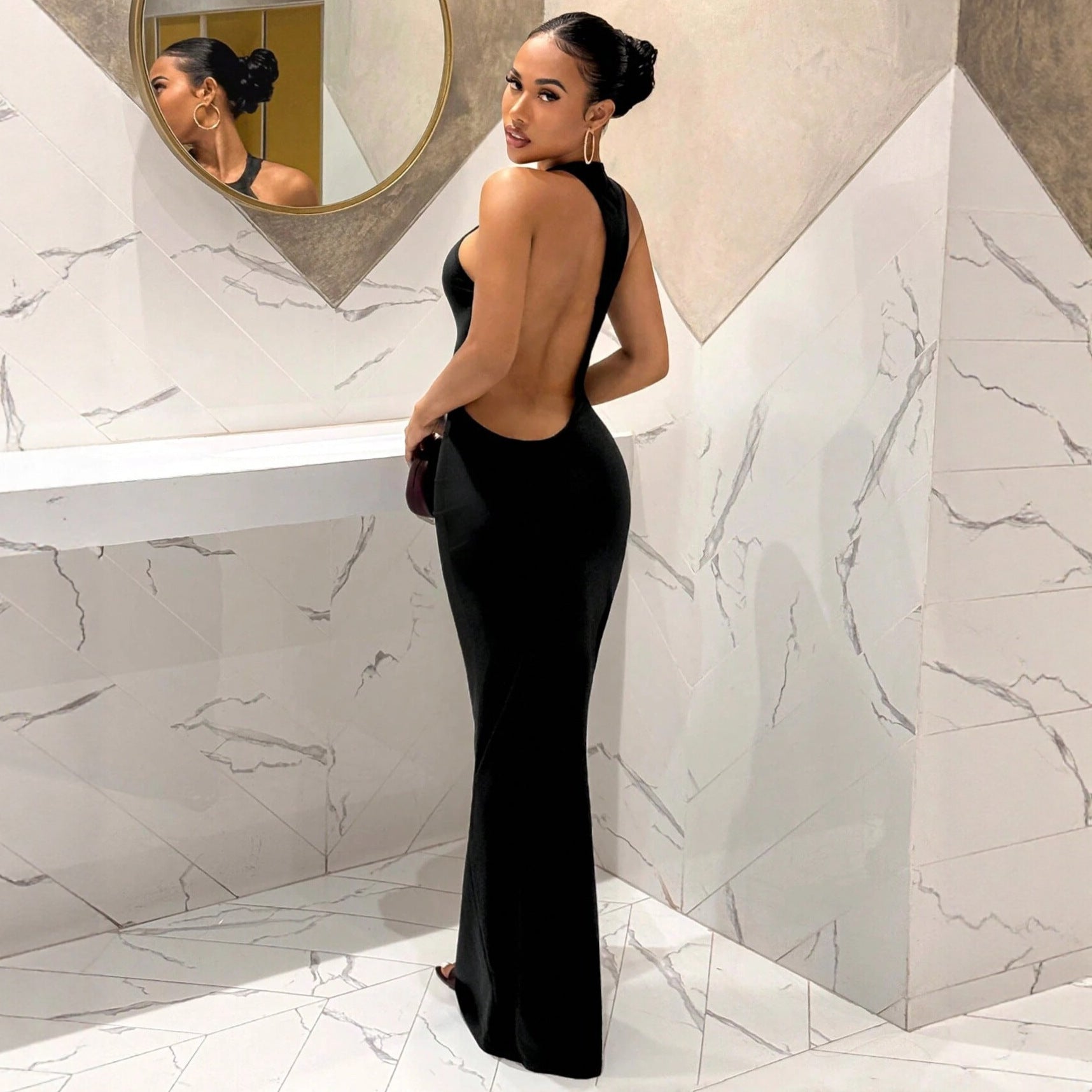 Women Clothing Solid Color Cocktail Slim Fit Sexy Halter Cut out Maxi Dress Sheath Sleeveless Dress
