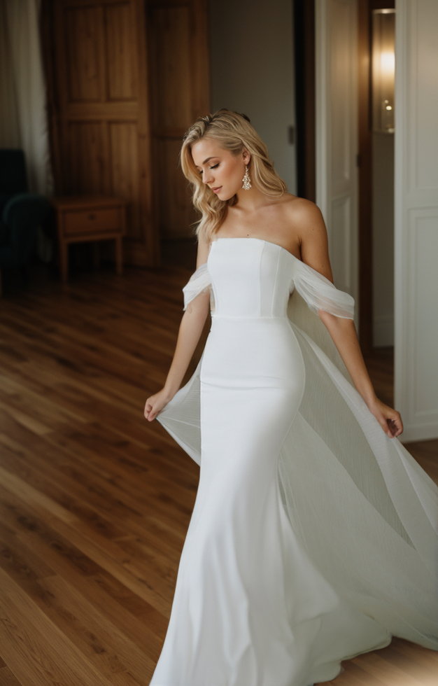 Goddess off-the-shoulder Simple Satin Wedding Dress small train with Tulle Ribbon SelenaHuanStudio
