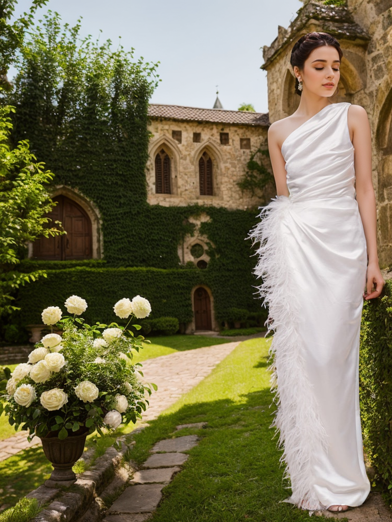 One shoulder Pleated bodice side slit silky satin prom dress Ostrich feather wedding dress SelenaHuanStudio