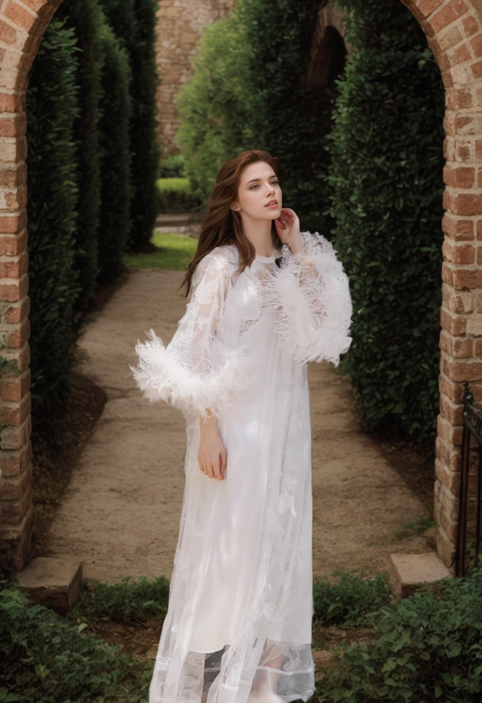 Ostrich Feather Sequin 3D Floral Lace Long Robe with Sequin Nightgown Set SelenaHuanStudio